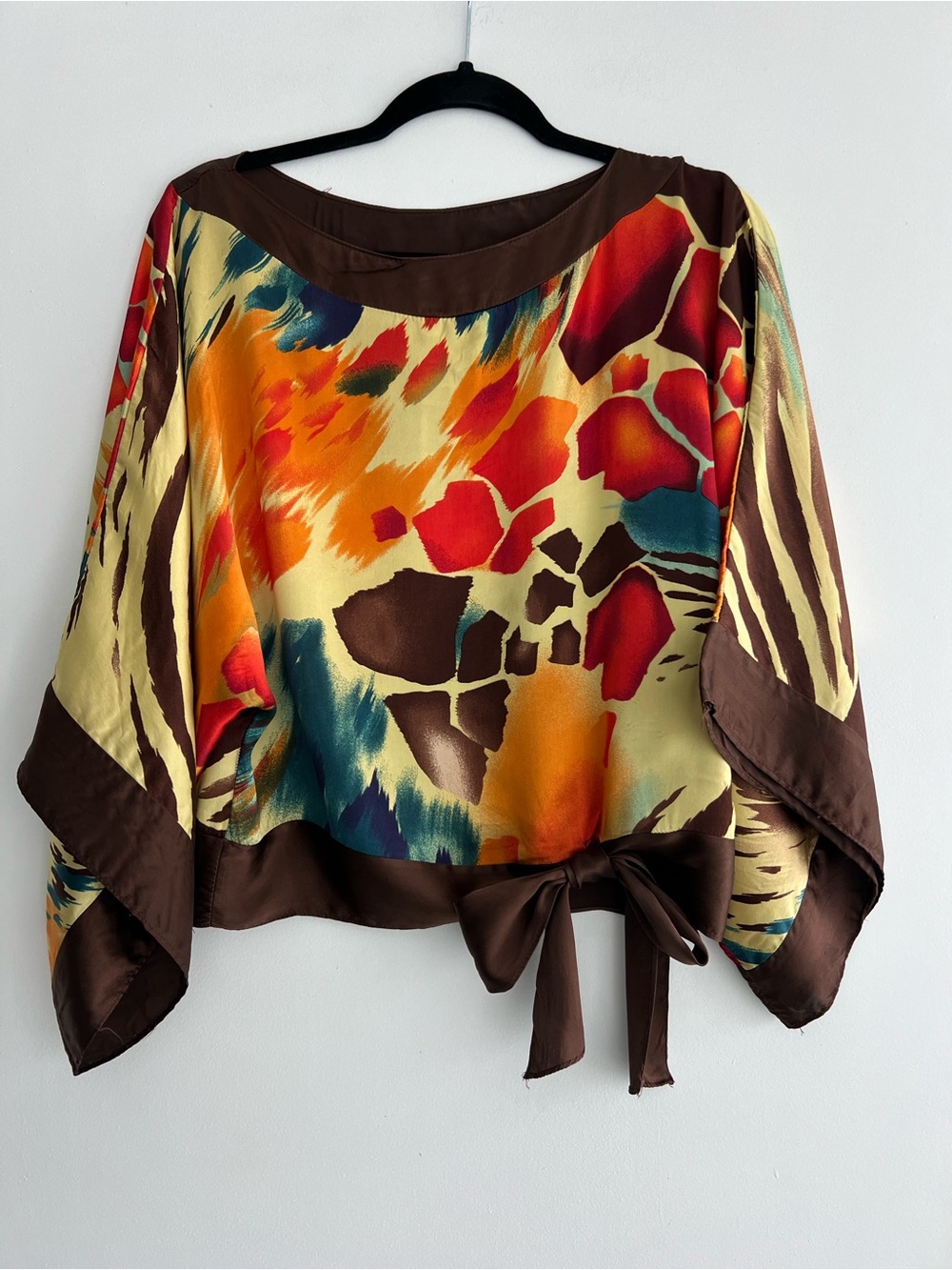 Caché Multicolor Silk Tie-Waist Blouse - Brown Trim